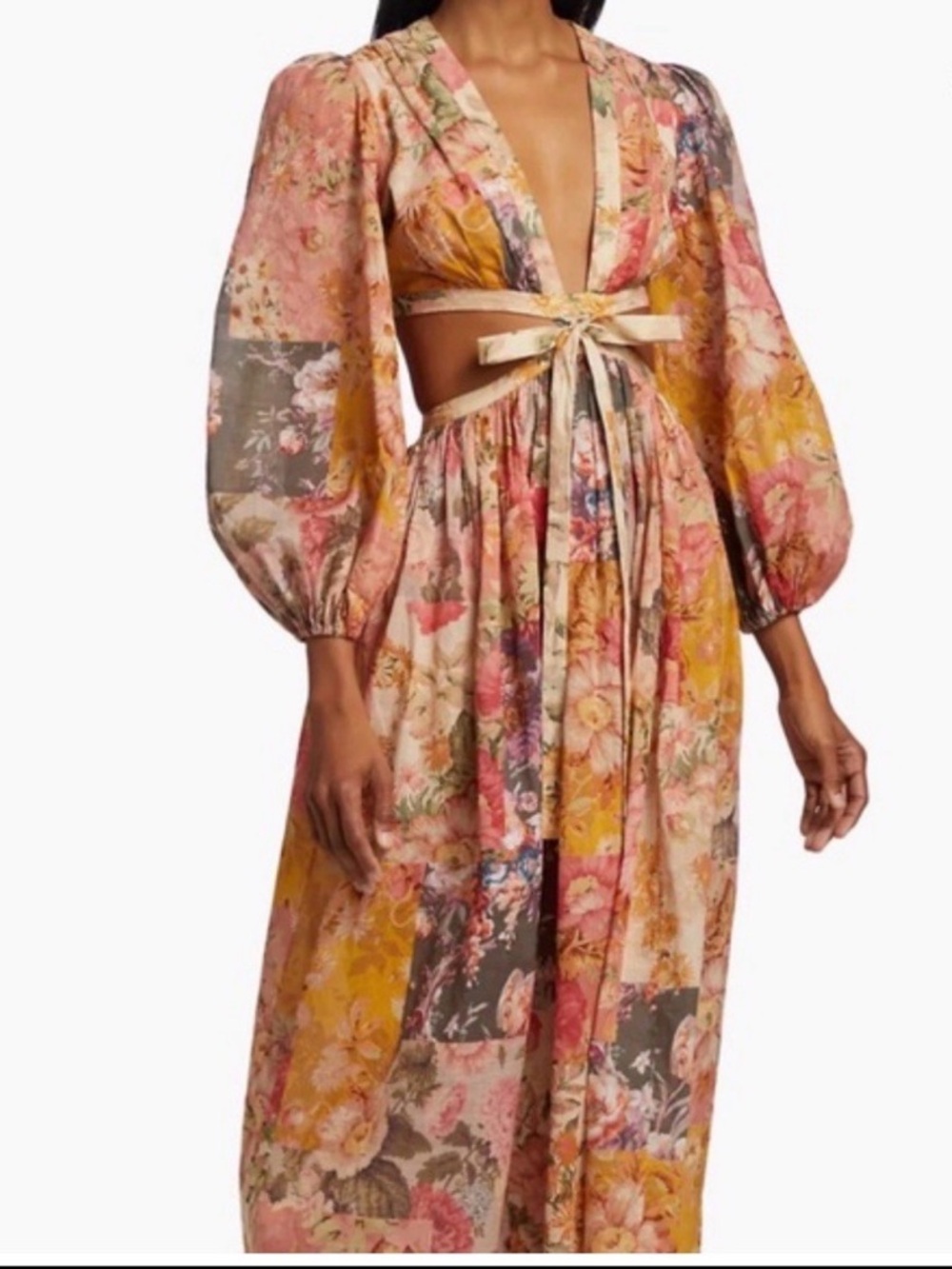 Zimmermann Floral Patchwork Cutout Maxi Dress in Pink and Mustard